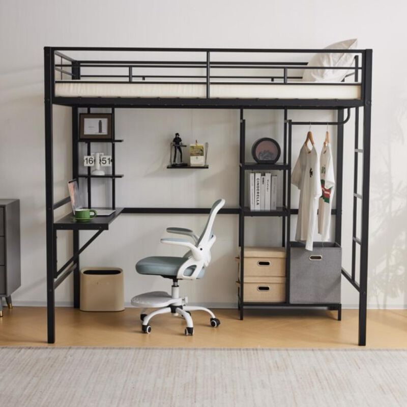 Heavy-Duty Loft Bed with Desk, Storage Shelves, Guardrails & Dual Ladders, No Box Spring Needed image number 1