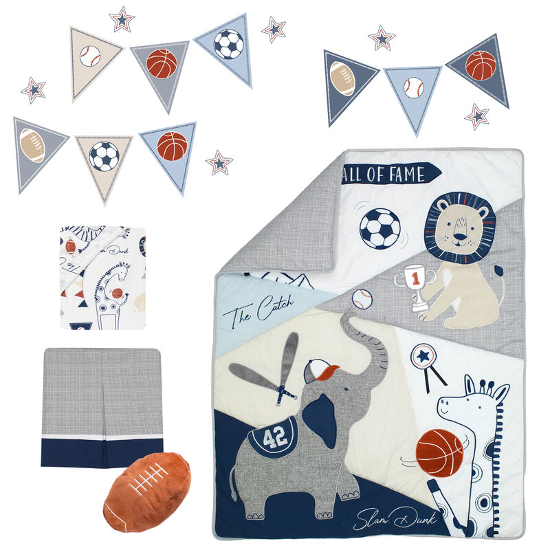 Lambs & Ivy Hall of Fame Sports Animals 5-Piece Crib Bedding Set - Gray/Blue