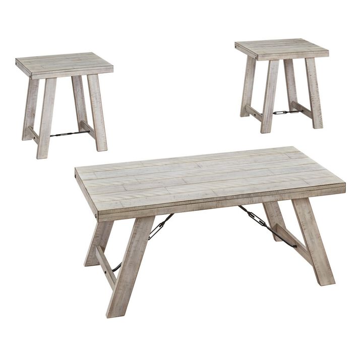 Wooden Table Set with Canted Legs and Tension Bars, Washed White-Benzara