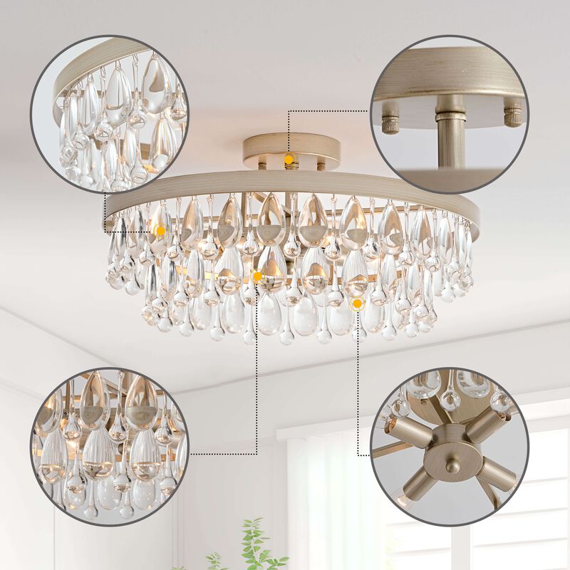 Eva 4-light Brushed Champagne Silver Crystal Teardrop Round Flush Mount image number 3
