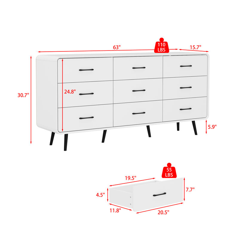 FUFU&GAGA Modern 9-Drawer Dresser, White Storage Dresser with Black Handles & Legs, Wooden Chest of Drawers, (63" W x 30.7" H x 15.7" D),White