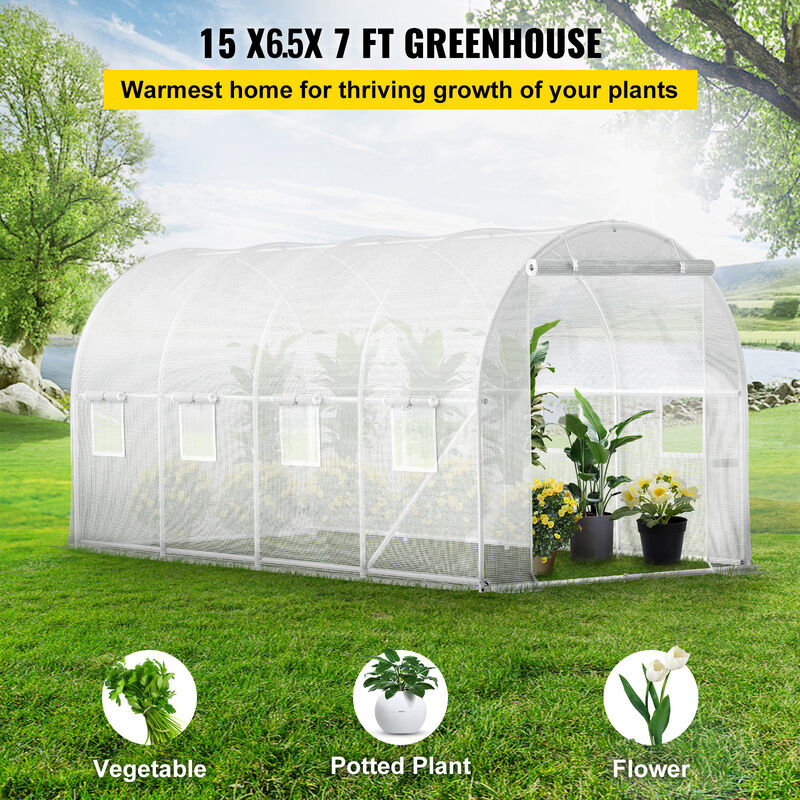 Portable Plant Hot House with Galvanized Steel Hoops, Zipper Door, and 8 Roll-Up Windows