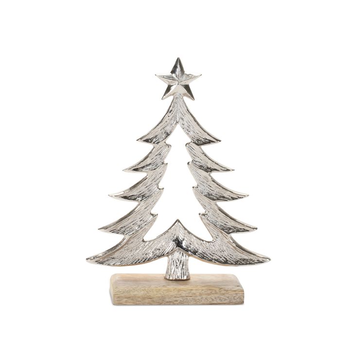 Metal Tabletop Christmas Trees with Wooden Bases – Set of 2 Modern Rustic Decor Pieces for Holiday Displays