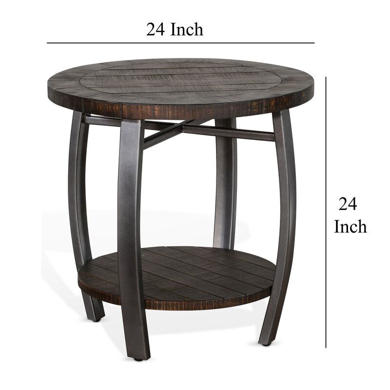 Flint Side End Table w Shelf, Barrel Shape, 24 Inch Dark Brown Round