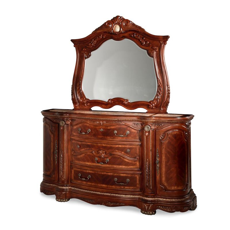 Michael Amini Cortina Dresser & Mirror - Honey Walnut