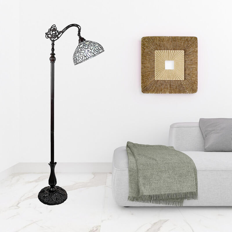 Hivvago 62" Brown And White Torchiere Floor Lamp With White Peacock Feather Glass Dome Shade
