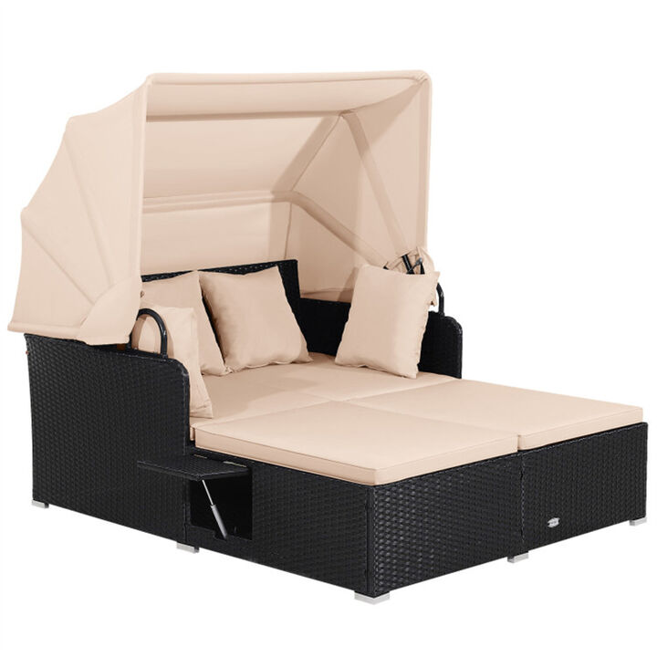 Rattan Daybed Lounge with Retractable Canopy, Side Tables & Cushions