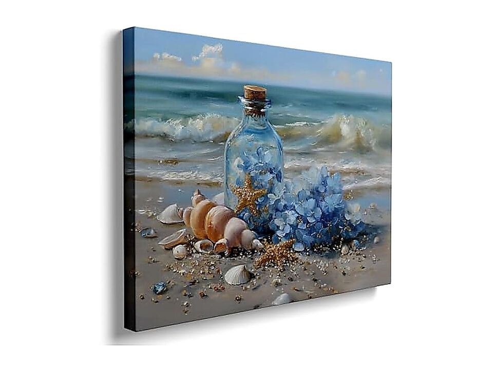 Coastal Beach Wall Art Canvas Bathroom Blue Ocean Seashells Glass Bottle Decor