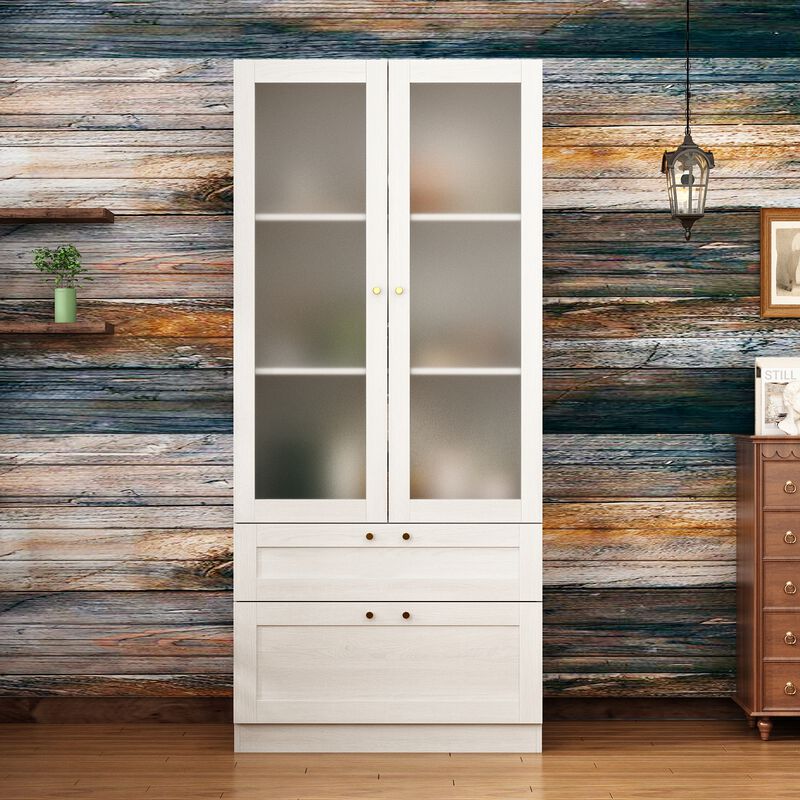 FUFU&GAGA Modern White Food Pantry Cabinet with Adjustable Shelves and Lockable Drawers (31.5" W x 70.9" H x 15.7" D), Wood Grain Finish with Brass Pull Handles