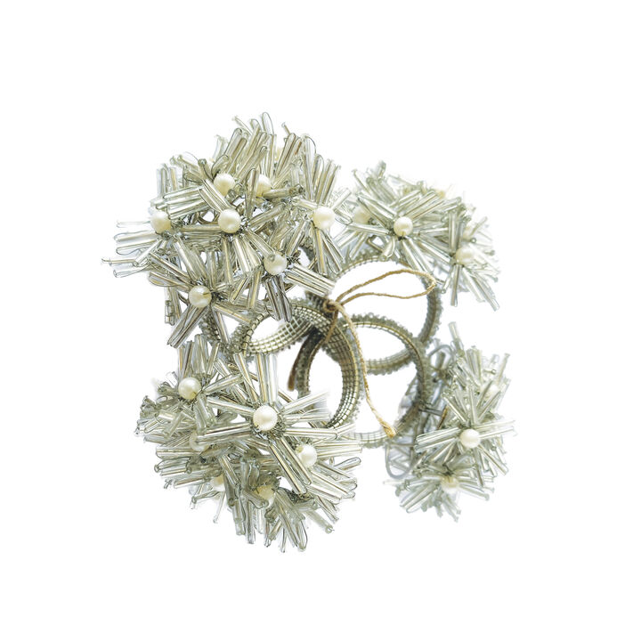 Glass Beaded Metal Floral Napkin Rings, Silver Finish, Set of 4