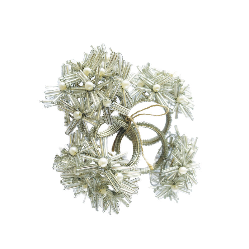 Glass Beaded Metal Floral Napkin Rings, Silver Finish, Set of 4 image number 0