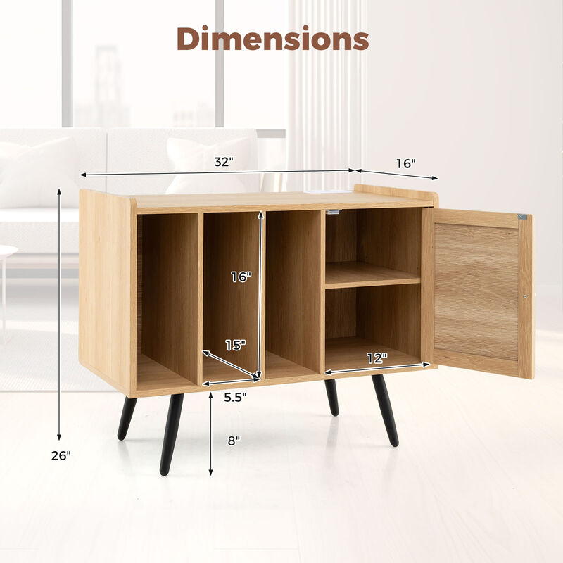 Record Player Stand with Rattan Cabinet and Charging Station for Living Room-Natural image number 2