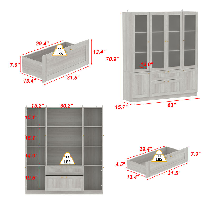 FUFU&GAGA Modern Wood Grain Wardrobe with Adjustable Shelves and Lockable Drawers (63" W x 70.9" H x 15.7" D), Glass Doors and Brass Pull Handles