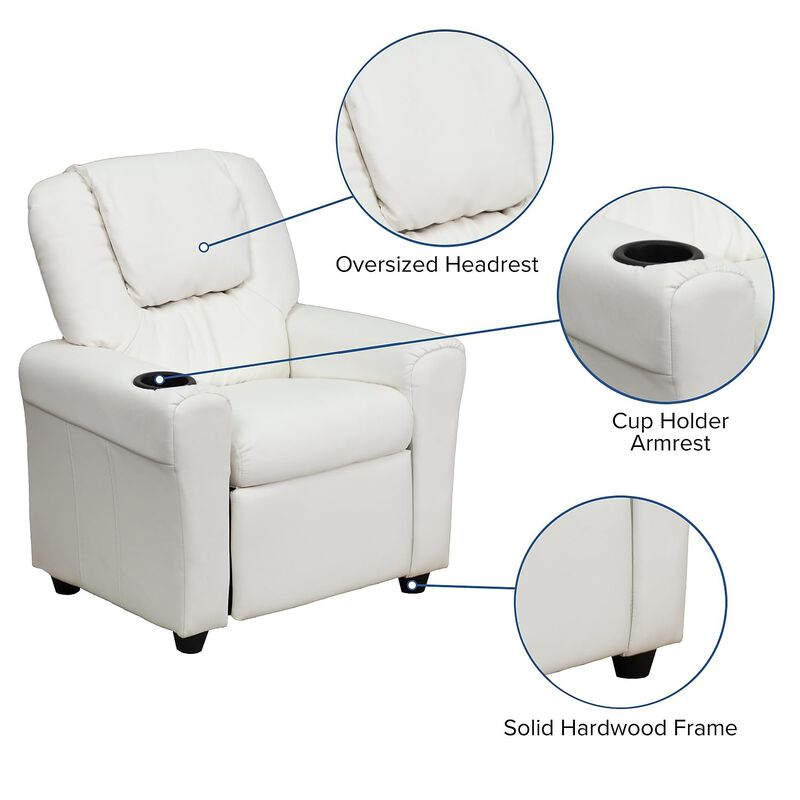 Flash Furniture Vana Vinyl Kids Recliner with Cup Holder, Headrest, and Safety Recline, Contemporary Reclining Chair for Kids, Supports up to 90 lbs., White image number 4