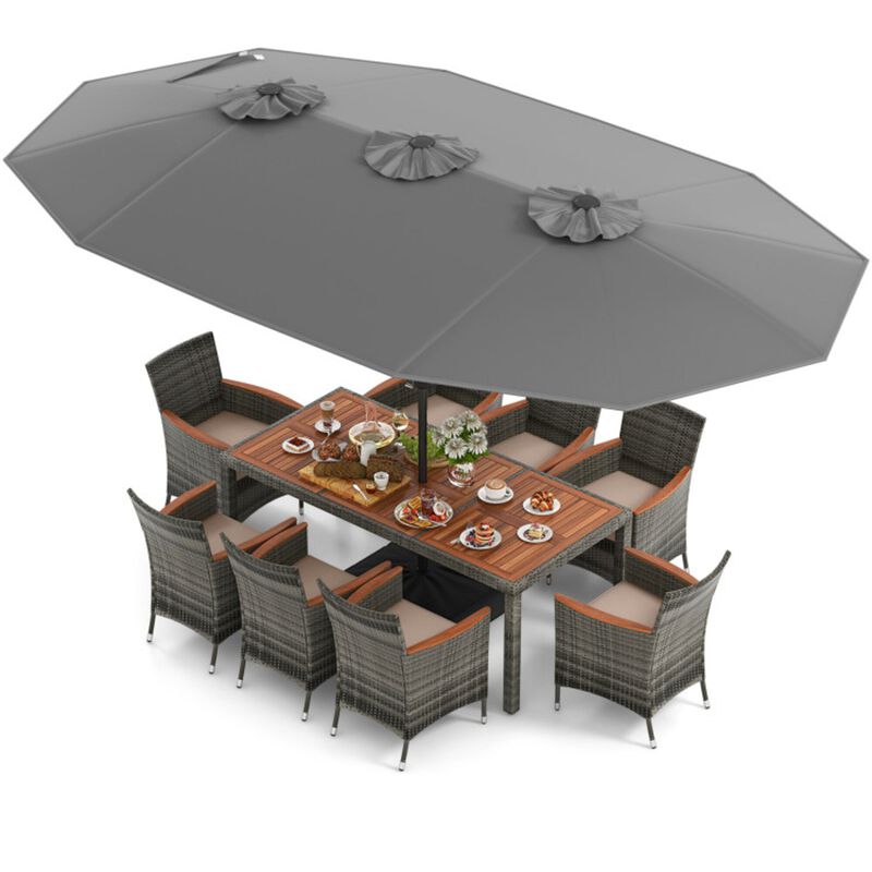 Mondawe 10 Pcs Patio Wicker Dining Set,1 Table With 15ft Double-Sided Umbrella & 8 Cushioned Chairs