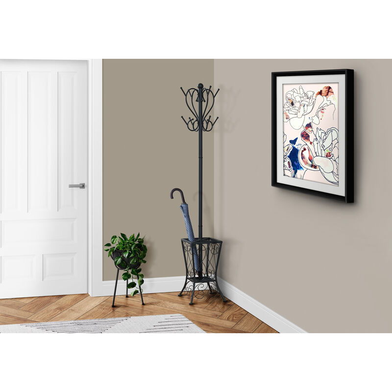 Monarch Specialties I 2060 Coat Rack, Hall Tree, Free Standing, 8 Hooks, Entryway, 71"H, Umbrella Holder, Bedroom, Metal, Black, Transitional