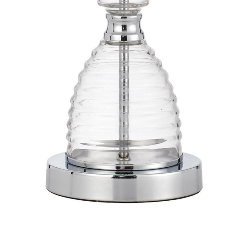 23 Inch Hourglass Ribbed Glass Base Table Lamp, Dimmer, Clear