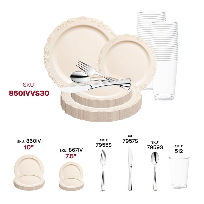 Ivory Vintage Round Plastic Wedding Value Set (30 Sets) image number 5