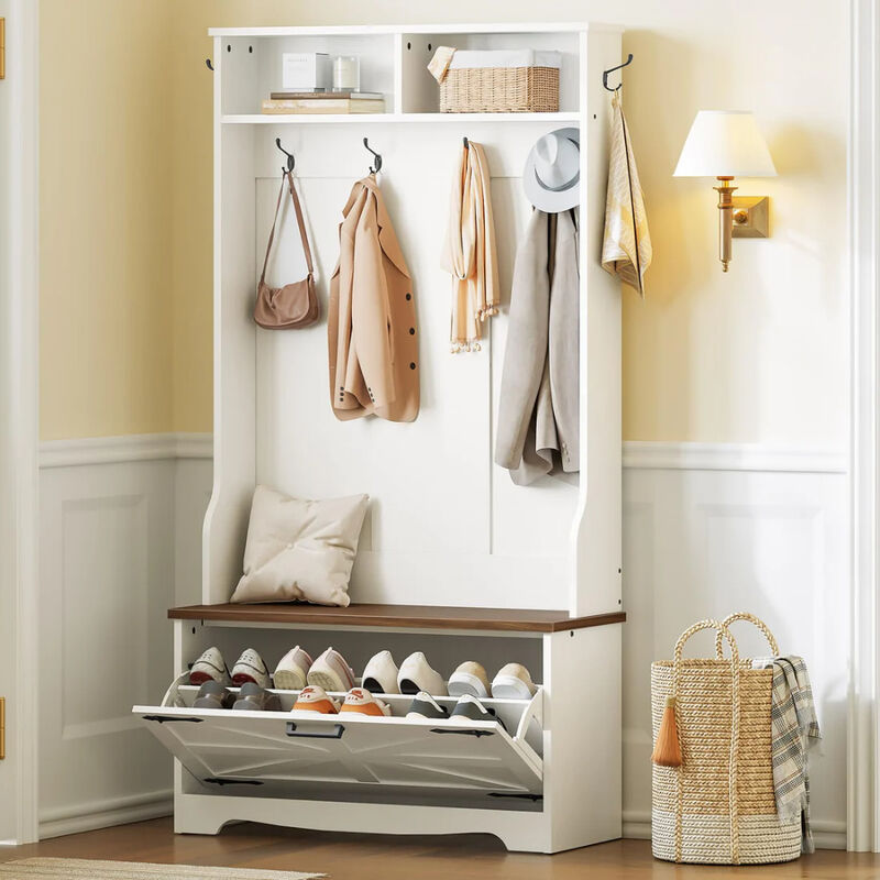 Hall Tree with Coat Rack and Shoe Cabinet, Entryway Unit with Flip Top Drawers image number 1