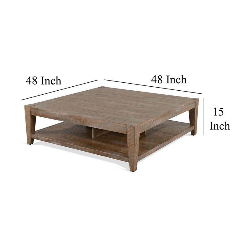 Lilly Coffee Table, 1 Shelf, Light Brown Mahogany, Square 48 Inch - Benzara