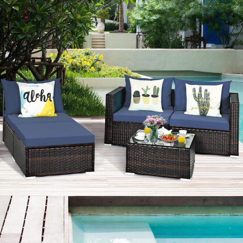 Mondawe 5 Pieces Patio Rattan Sectional Furniture Set with Cushions and Coffee Table