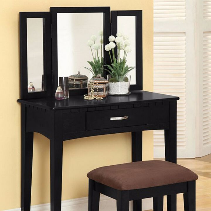Wooden Vanity Set with 3-Sided Mirror and Padded Stool