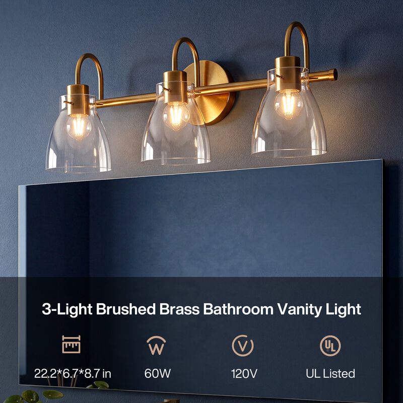 Brushed Brass Bathroom Vanity Light, Three-Light Clear Glass Shades image number 6