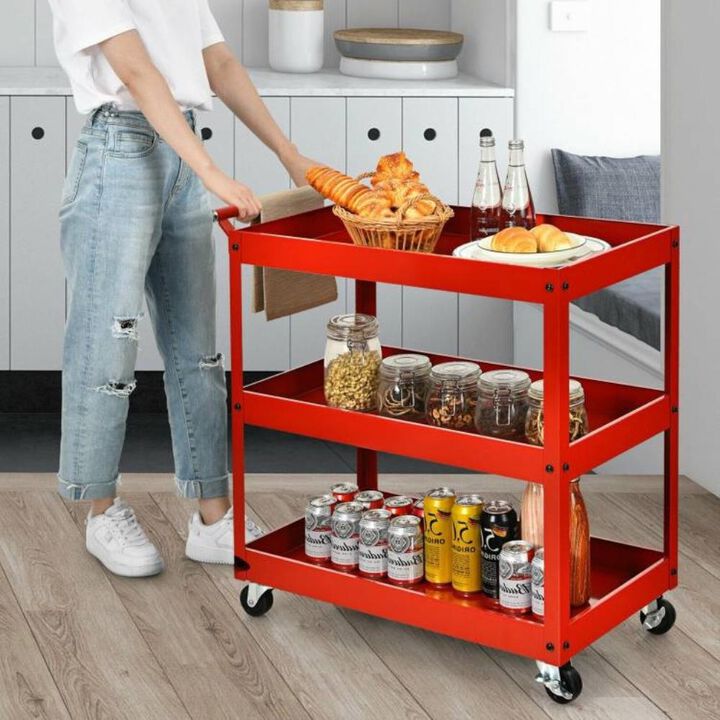 Hivvago Red Steel Frame Kitchen Serving Utility Cart on Wheels with 2 Bottom Shelves