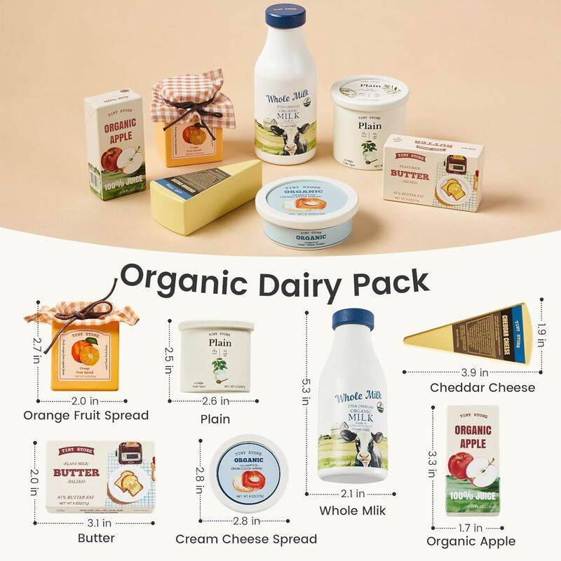 Wooden Play Food for Kids Kitchen, Pretend Food Dairy Set Toy - 7Pcs Dairy & Drinks Set with for Kid, Play Kitchen Accessories, Montessori Toy image number 1