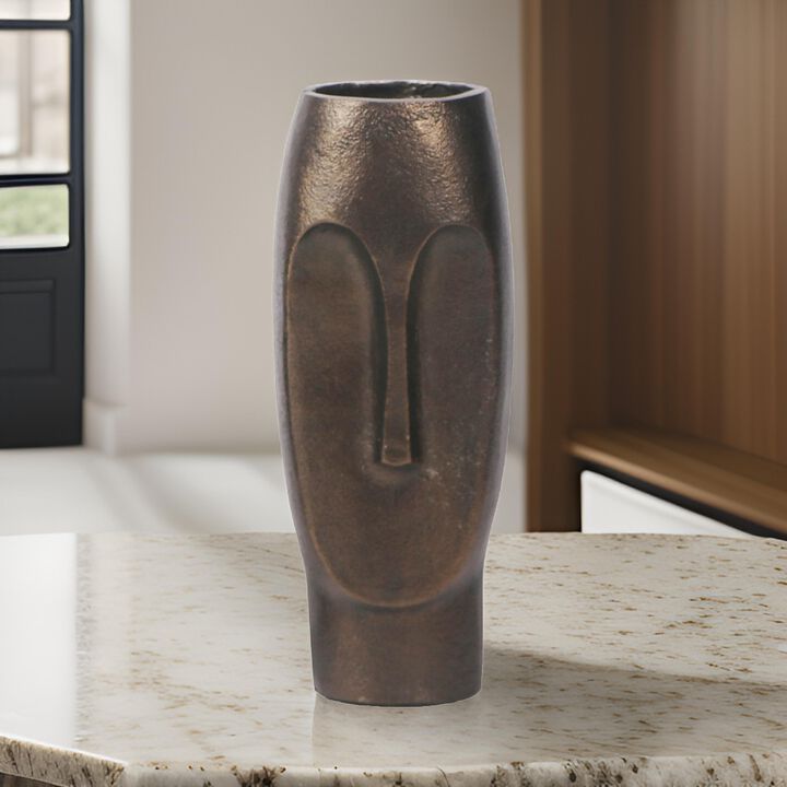 Anea Flower Vase, Face Design, Pedestal Base, Textured Bronze Finish - Benzara