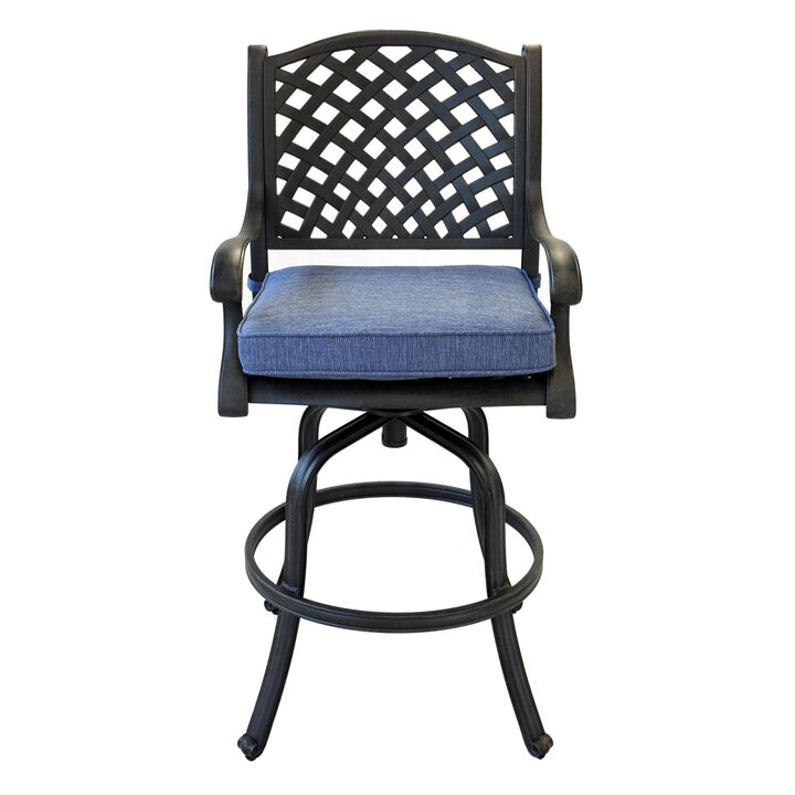Patio Outdoor Aluminum Barstool With Cushion, Set of 2, Navy Blue