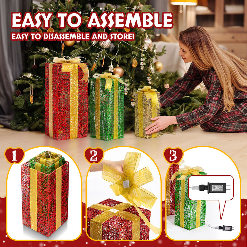 Lighted Gift Boxes Set of 3 &ndash; Pre-Lit Present Decor with 90 Warm White LEDs for Indoor & Outdoor