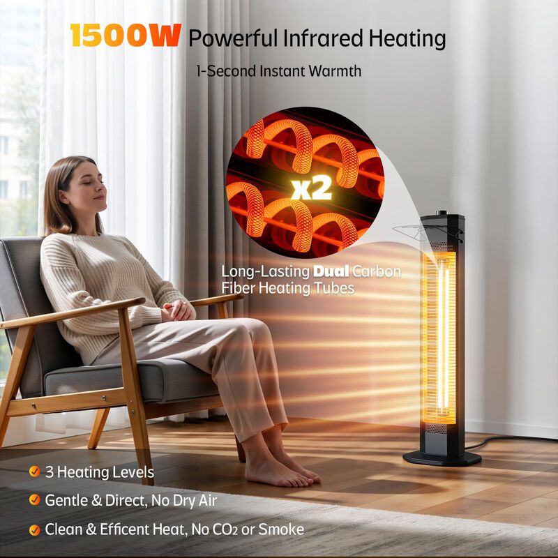 Outdoor Electric Patio Heater, 34-inch 1500W Infrared Tower Heater with Instant Heating, IPX5 Waterproof Space Heater image number 2