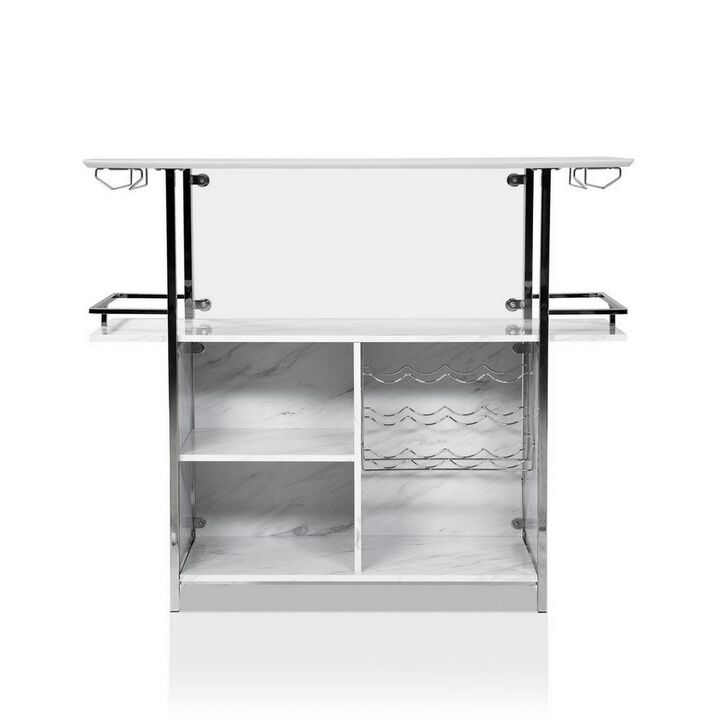 Bar Table with Faux Marble and Chrome Finish, White and Silver- Benzara