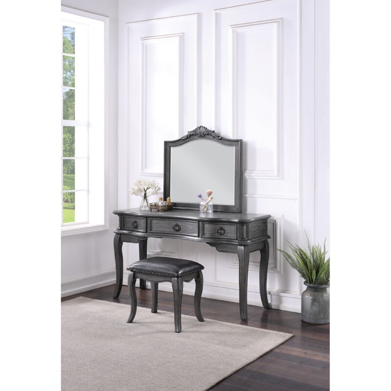 Contemporary Grey Finish Vanity Set w Stool Retro Style Drawers cabriole-tapered legs Mirror w floral crown molding Bedroom Furniture