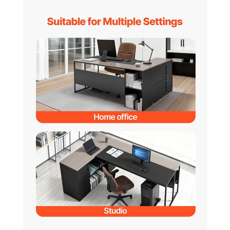 Modern L-Shaped Office Desk with CPU Stand, Storage Cabinet and Spacious Work Surface-Black image number 7
