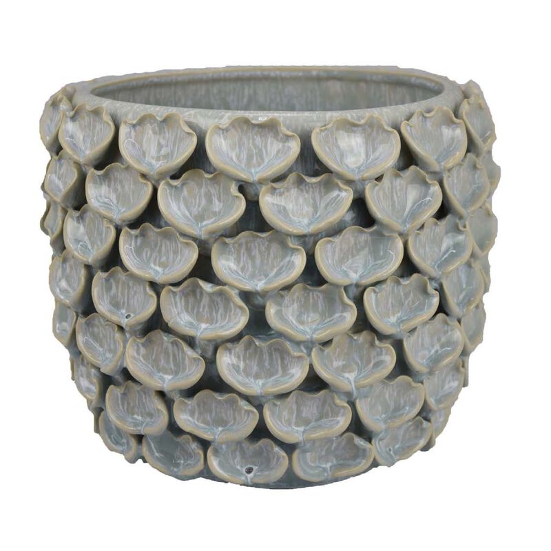 Decorative Textured Planter, Seashell Style 12 Inch Gray Ceramic Body