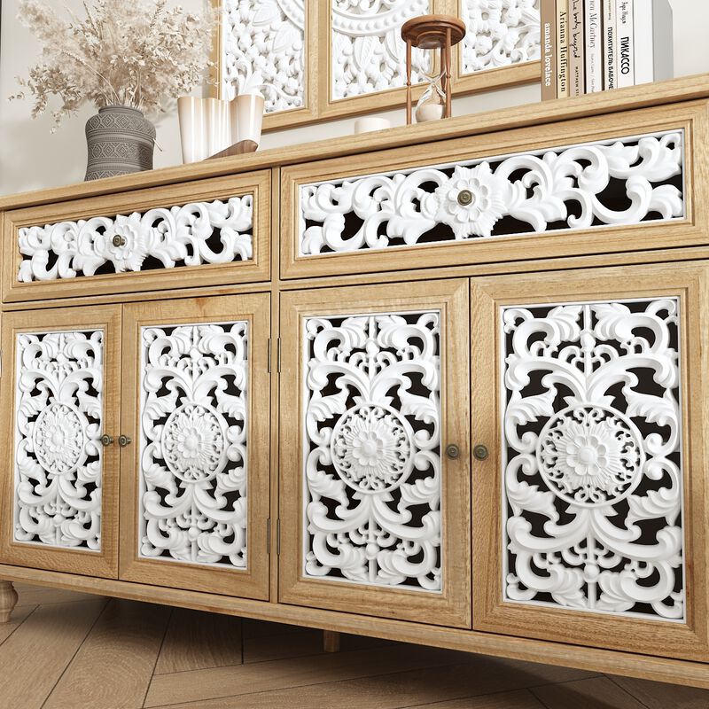 FUFU&GAGA Vintage Style Storage Cabinet with White Hollowed-Out Carved Drawers and Doors, Matching Wall Panel Frame, Painted and Clear Finish with Antique Hardware, (59.1 in. W x 15.7 in. D x 35.4 in. H), Wood and White