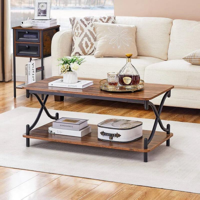 Hivvago Modern Industrial Black Metal Wood Coffee Table with Bottom Storage Shelf