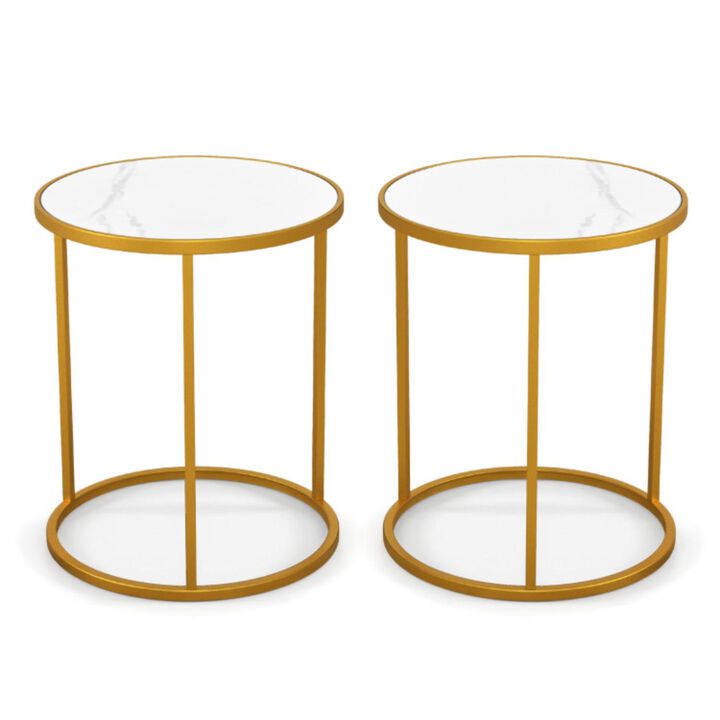 Hivvago 16 Inch Marble Top Round Side Table with Golden Metal Frame for Living Room Bedroom