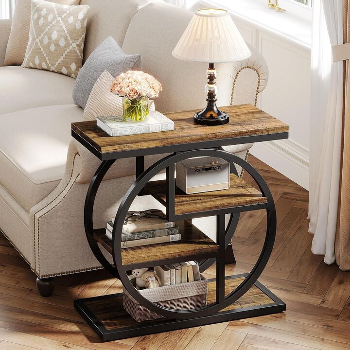 Tribesigns 4-Tier End Table, Industrial Side Table with Storage Shelves for Living Room and Bedroom, Narrow Nightstand and Sofa Side Table with Metal Frame, Rustic Brown