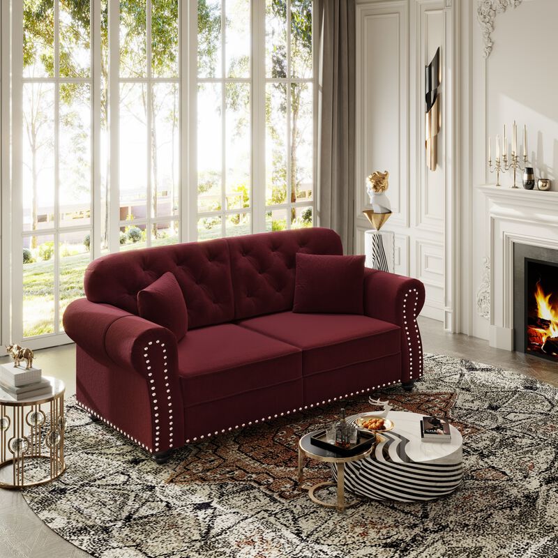 Whisen 2 Seat Velvet Upholstered Sofa with 2 Ottomans, Nailhead Trim, Mid-Century Modern, for Living Room image number 2