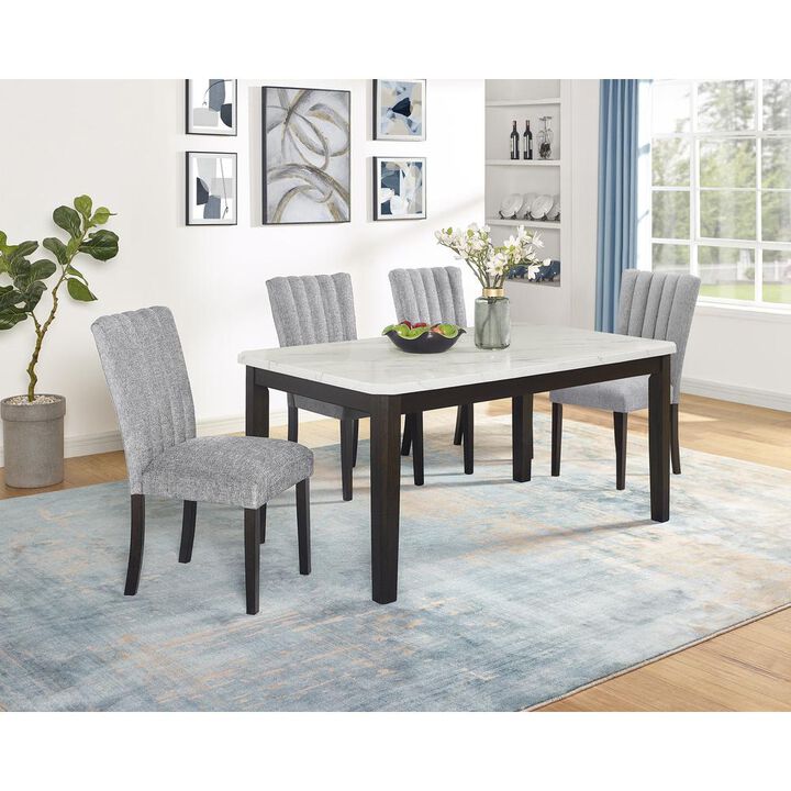 5-piece dining set with one white faux marble table and 4 dark grey side chairs
