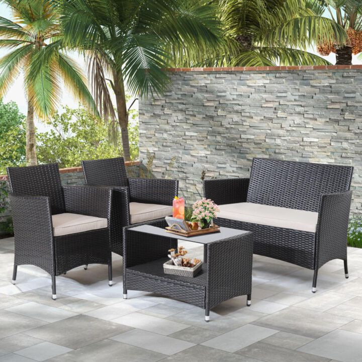 Hivvago 4 Pieces Patio Conversation Set with Soft Cushions and Tempered Glass Tabletop