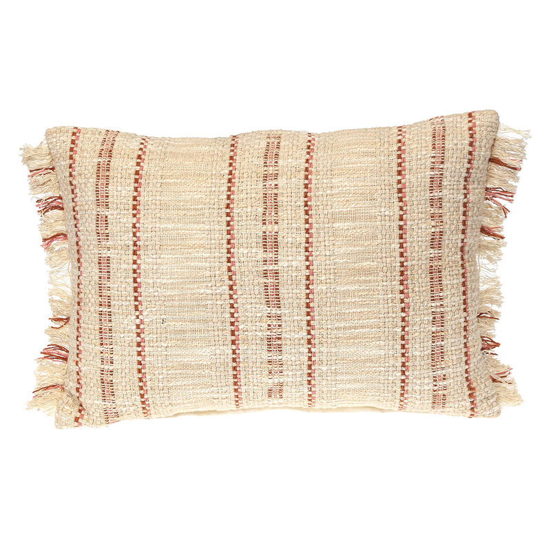 HomeRoots 14" X 20" Beige and Pink Striped Cotton Throw Pillow With Fringe image number 0