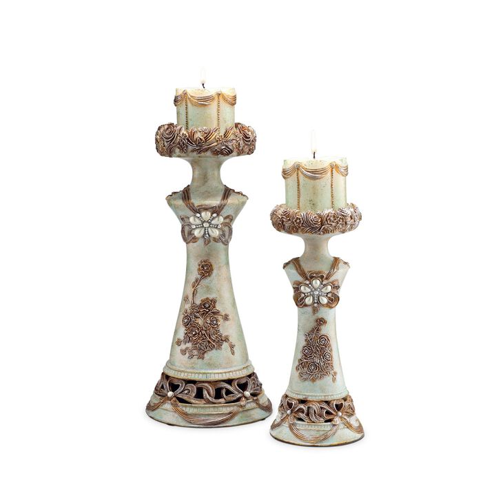 Homezia Set of 2 Beige And Brown Vintage Pillar Tabletop Candle Holders
