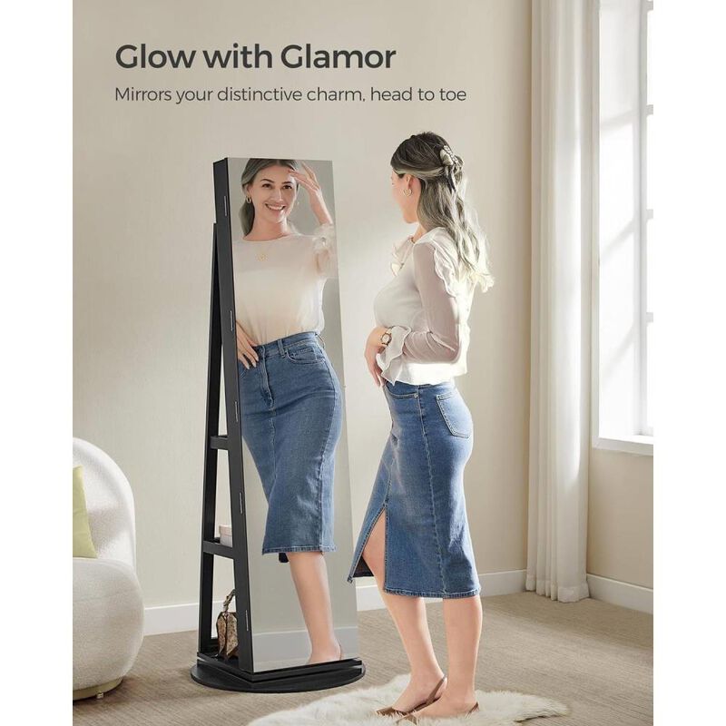 Hivvago Black Wood Jewelry Cabinet Armoire Organizer Freestanding Rotating Mirror