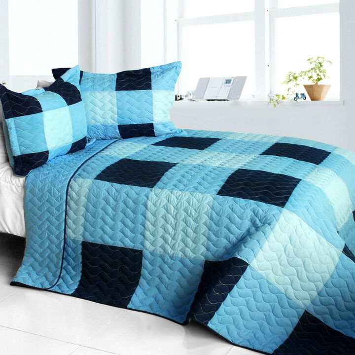 3 Piece Queen Size Printed Quilt Set with Quilted Design and Machine Washable Fabric-Blue