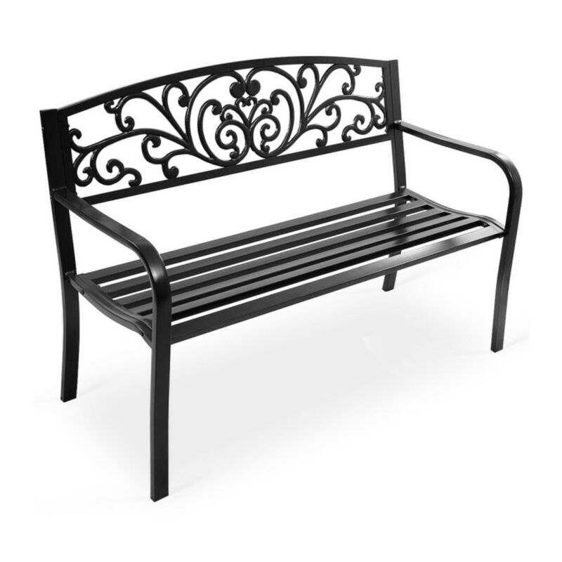 Hivvago 50 Inch Patio Park Steel Frame Cast Iron Backrest Bench Porch Chair