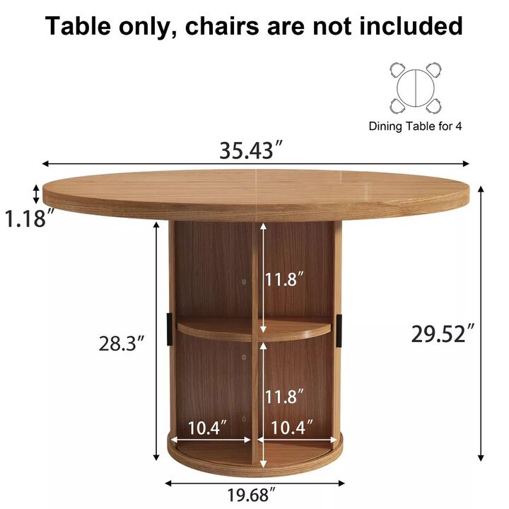 Vipbear 35.43" Round Dining Table for 4, Modern Wooden Kitchen Table with Built-in Storage Shelves